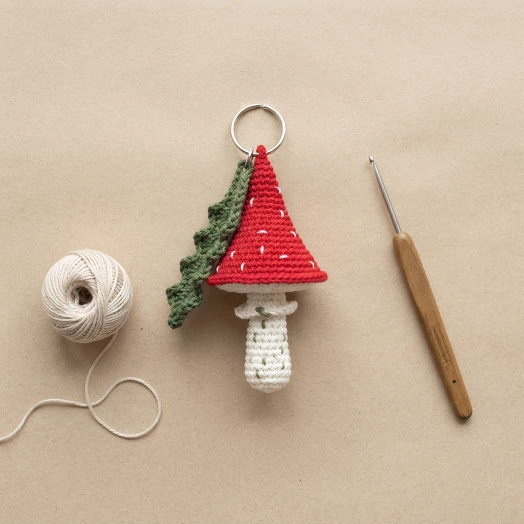Crocheted fly agaric mushroom keychain with red spotted cap, white stem and green leaf, shown with a ball of white yarn and a wooden-handled crochet hook on kraft paper.