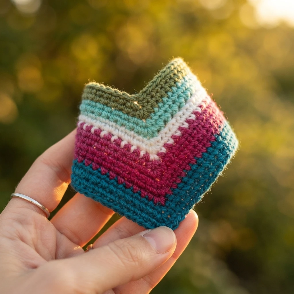 Hand holding a small crocheted chevron-striped piece in green, teal, white, pink and magenta against a blurred golden outdoor background.