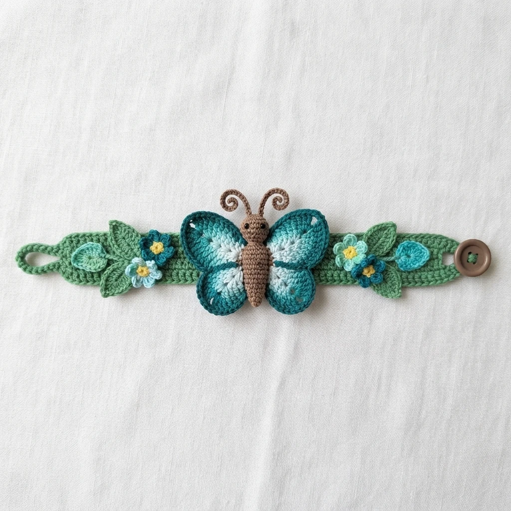Crocheted green bracelet with a large teal and white butterfly, small blue flowers with yellow centers, green leaves and a brown button closure on a white background
