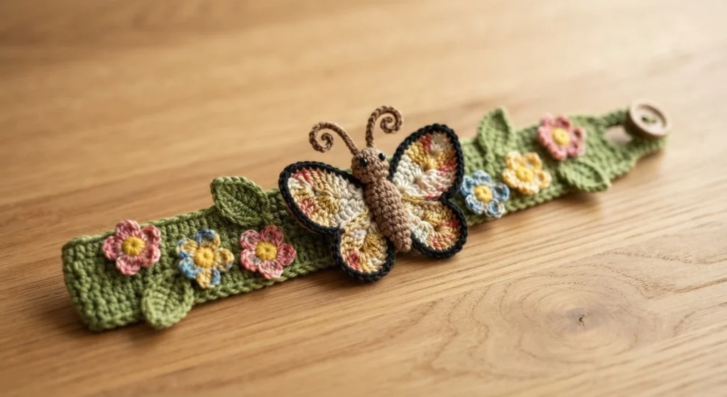 Crocheted green bracelet with a colorful butterfly centerpiece, small pink, yellow and blue flowers, and a wooden button closure, laid flat on a wooden surface