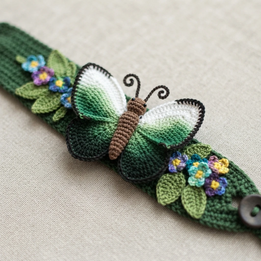 Crocheted dark green bracelet with a green and white butterfly, small blue purple and turquoise flowers with green leaves, and a dark button, on beige fabric