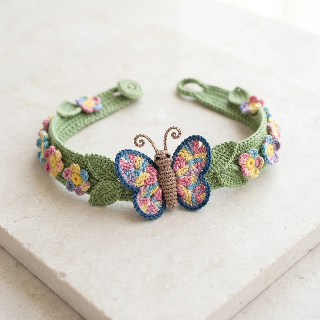 Green crocheted butterfly bracelet with blue-edged multicolor wings, crocheted leaves and small pastel flowers, resting on a cream tile.