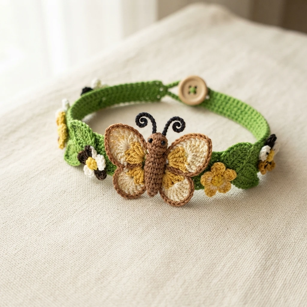 Crocheted green bracelet with a cream, yellow and tan butterfly, small white and yellow flowers, and a wooden button closure, resting on cream fabric.