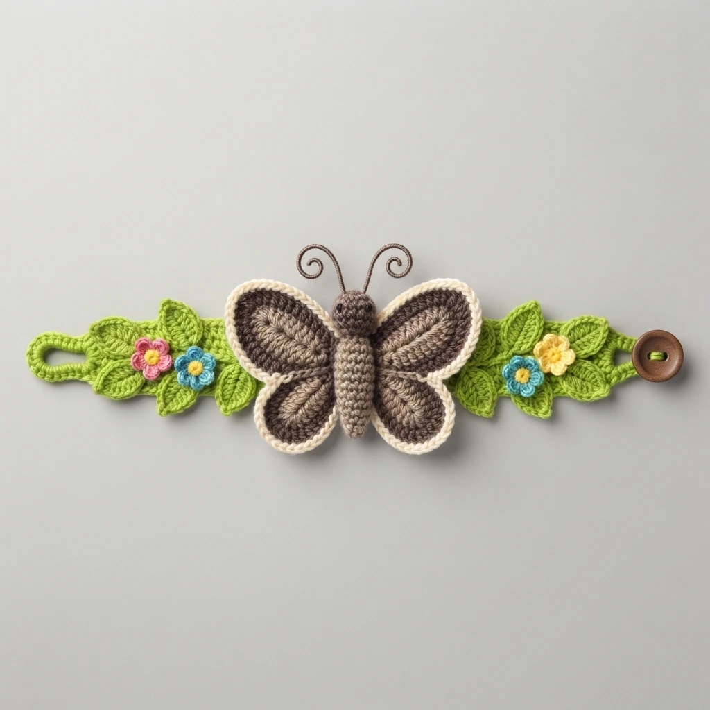 Crocheted butterfly bracelet with a brown and cream butterfly, green leaf band, small pink blue and yellow flowers, and a wooden button clasp