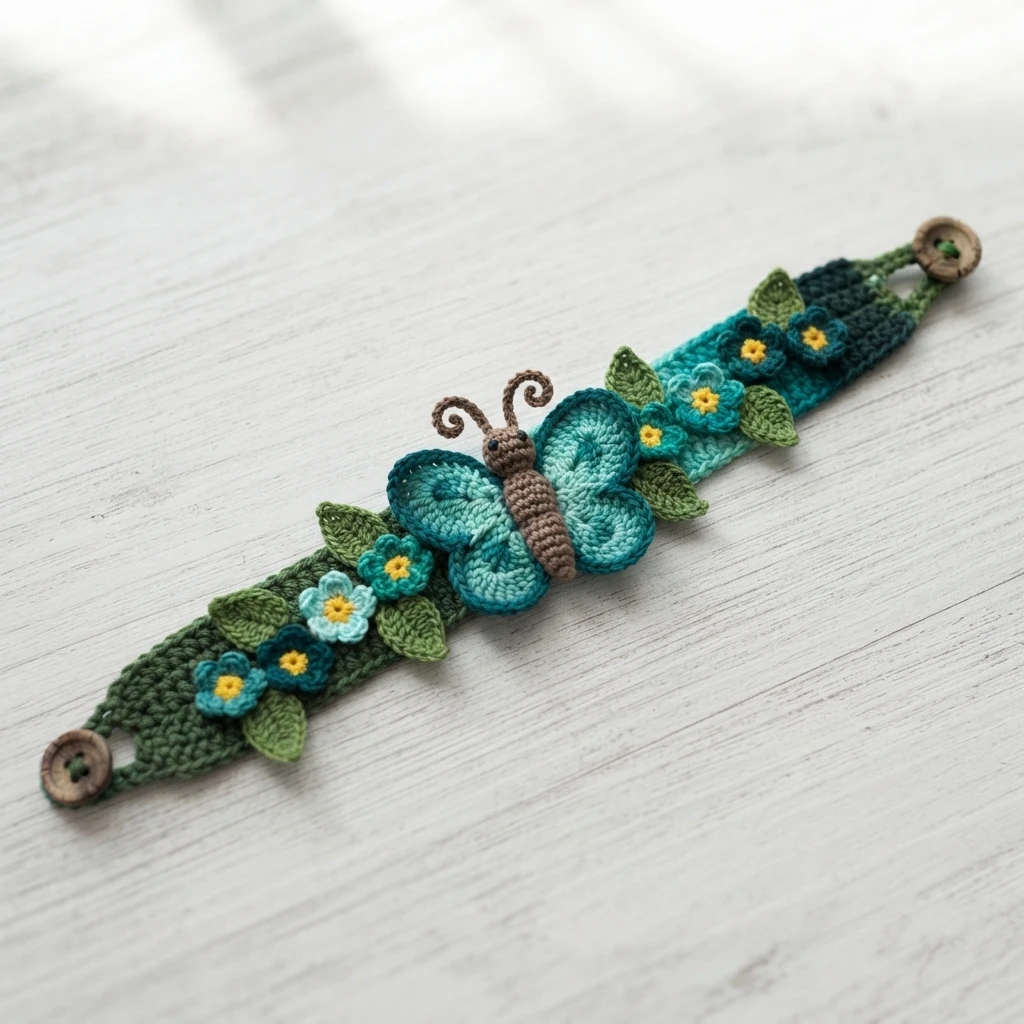 Crocheted bracelet with a teal butterfly, small blue flowers with yellow centers, green leaves and wooden button closures on a light wooden surface.