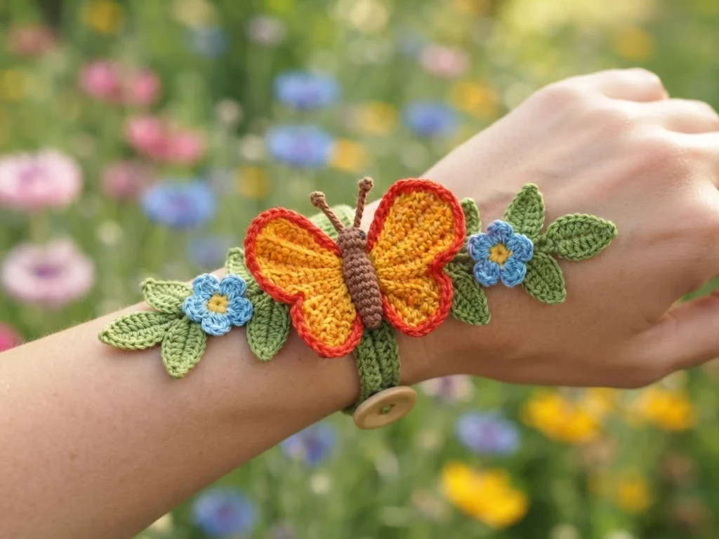 Crocheted orange butterfly bracelet with red edging, brown body, blue flowers and green leaves, worn on a wrist against a blurred flower meadow