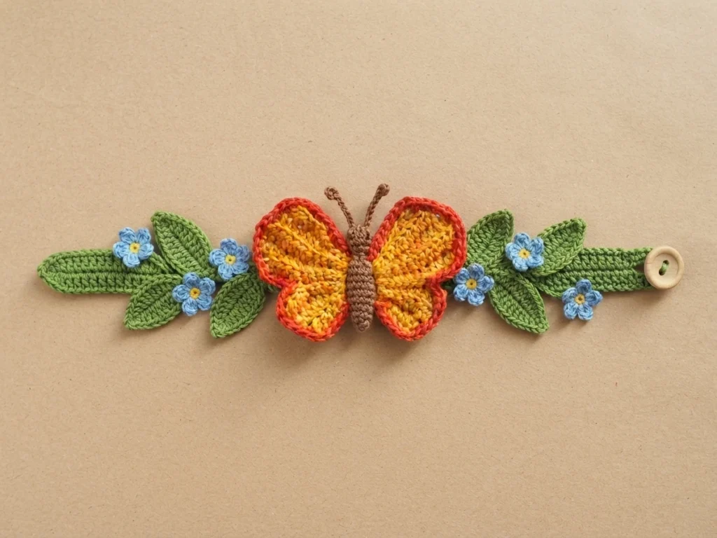 Finished crocheted butterfly bracelet with orange and red-edged wings, brown body and antennae, green leafy band with small blue flowers, and a wooden button, laid flat on a beige background.