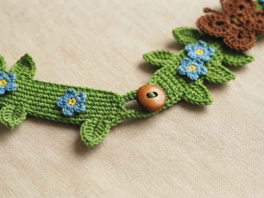 Close-up of a green crocheted bracelet with leaves, blue and yellow flowers, a wooden button and part of a brown butterfly.