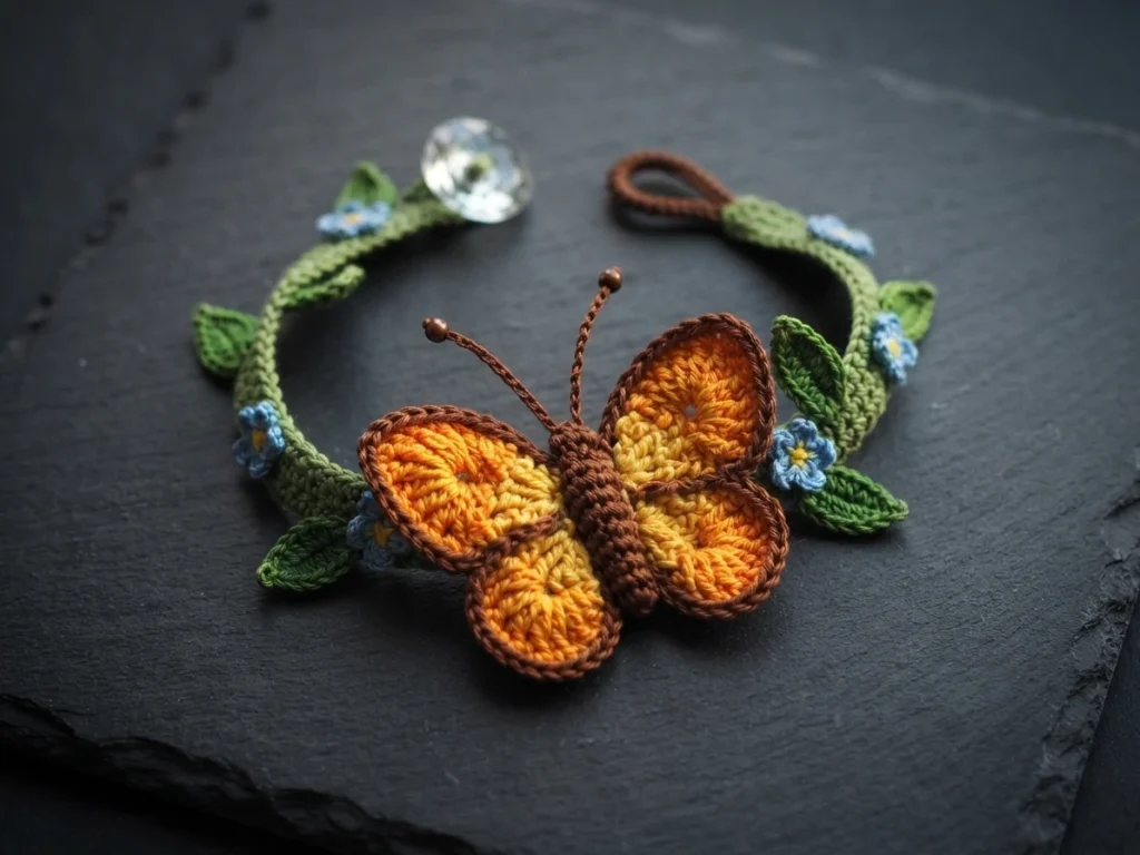 Crocheted butterfly bracelet with orange and yellow wings, brown body and antennae, green strap with leaves and small blue flowers, and a clear button on dark slate.