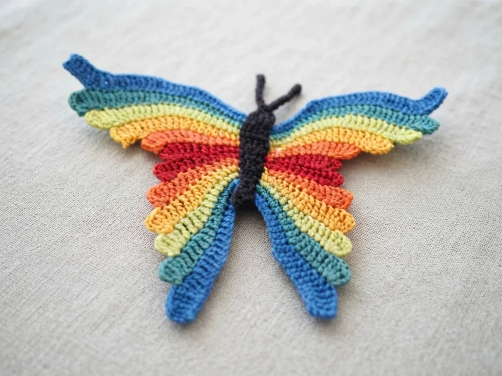 Crocheted rainbow-striped butterfly with a dark body and antennae, displayed flat on a light neutral fabric