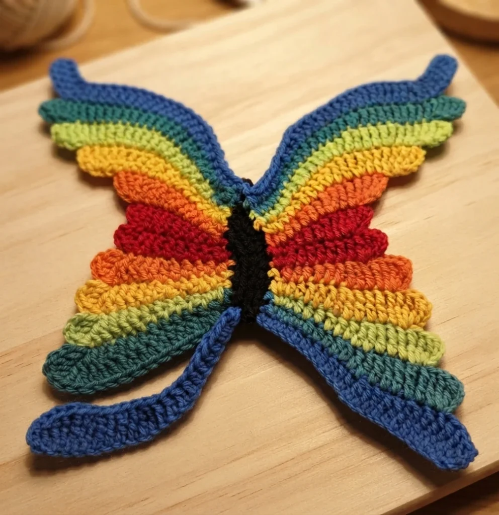 Finished rainbow crochet butterfly with dark body resting on a wooden surface