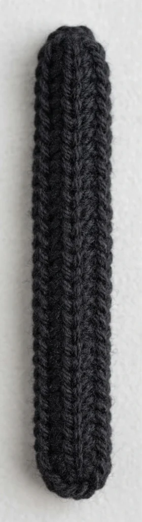 Close-up of a small black crocheted oval butterfly body on a light background.