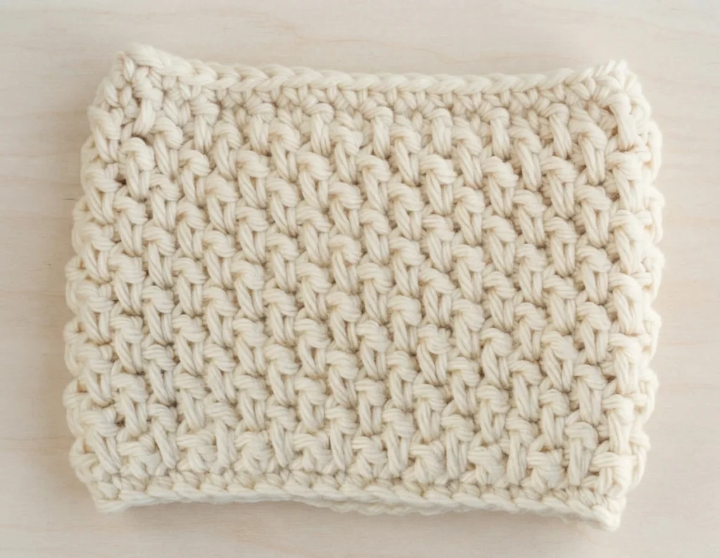 A cream crocheted cup cozy with a textured stitch, photographed on a pale surface.