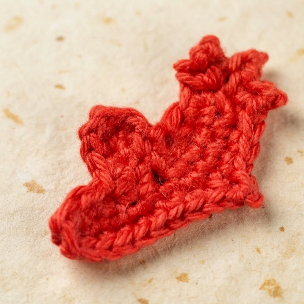 Gros plan d’une feuille rouge au crochet posée sur une surface claire mouchetée.