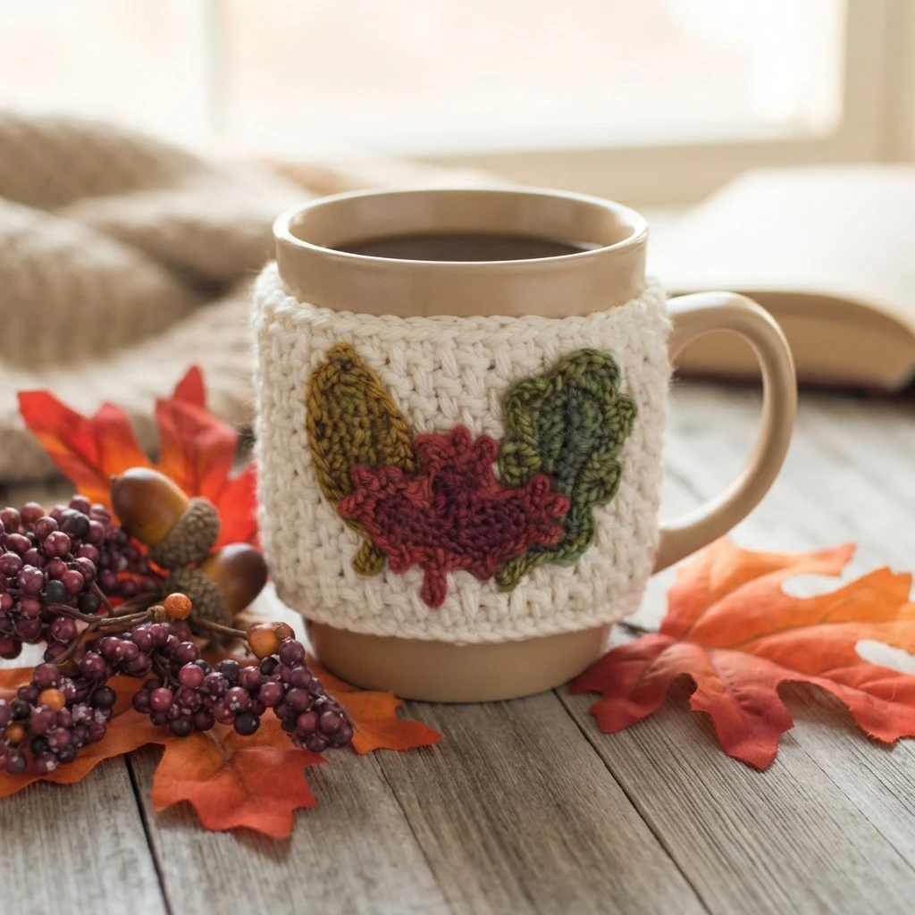 A cream crocheted mug cozy with gold, green, and red leaf appliqués wrapped around a mug, arranged with autumn leaves and berries.