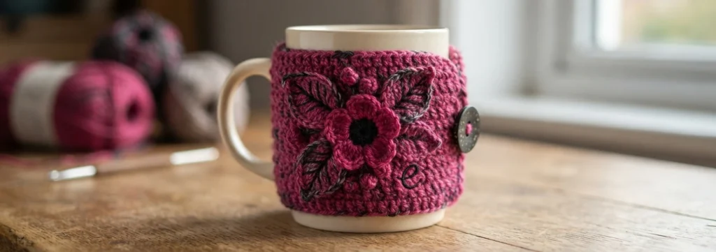 A magenta crochet cup cozy with a raised flower, leaf details, and a button, wrapped around a cream mug.