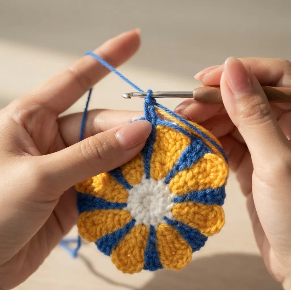 Hands holding an orange and blue crocheted flower motif while working with a crochet hook.