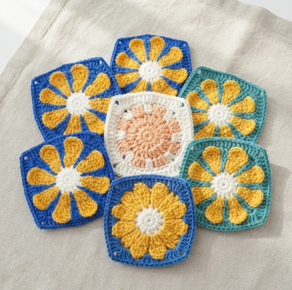 Six finished crochet flower granny squares in blue, teal and white colorways with yellow, orange and peach petals, laid out on beige linen.