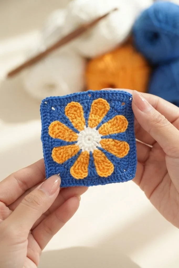 Two hands holding a small crocheted granny square with orange flower petals, a white center and a blue border; blurred yarn balls and a crochet hook in the background.