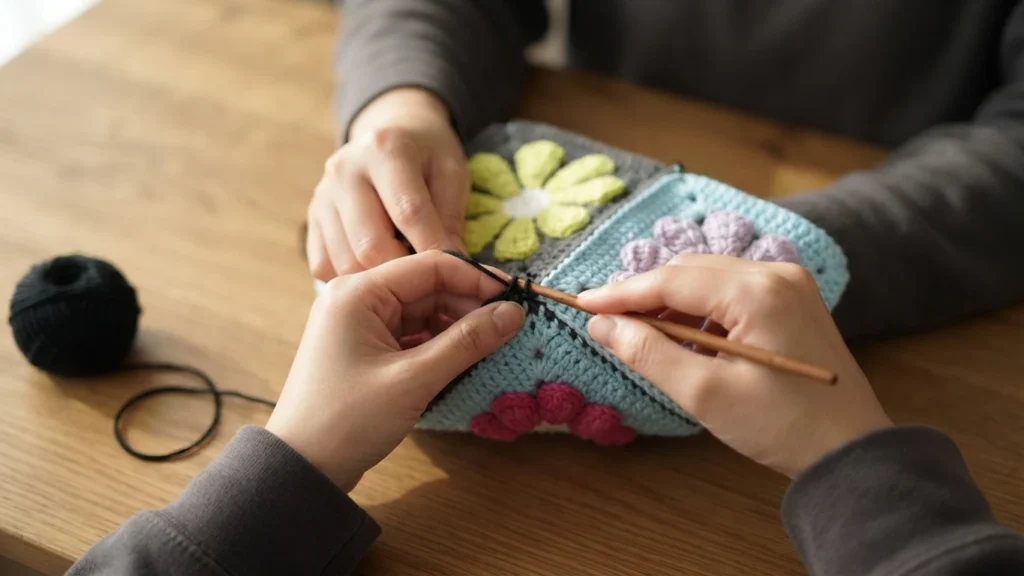 Two pairs of hands seaming colorful floral granny squares together with a crochet hook on a wooden table