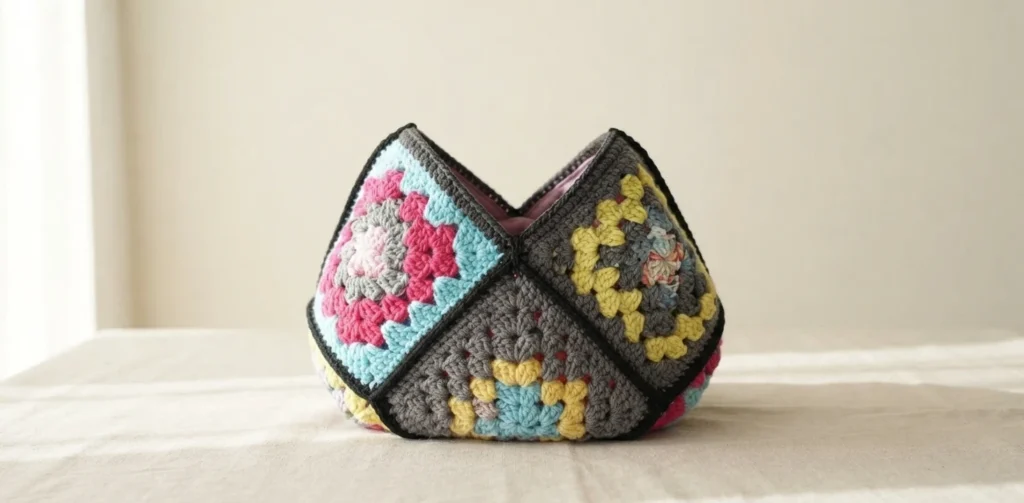 Crocheted granny square pouch in a dumpling shape with black seams, made of colorful cluster-motif squares, resting on a light tablecloth.