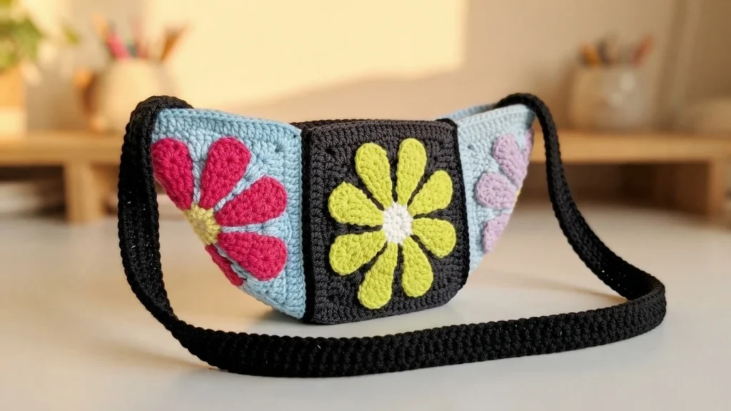 Crocheted crossbody bag made of flower granny squares with pink, yellow and purple motifs on blue and black, with a black strap