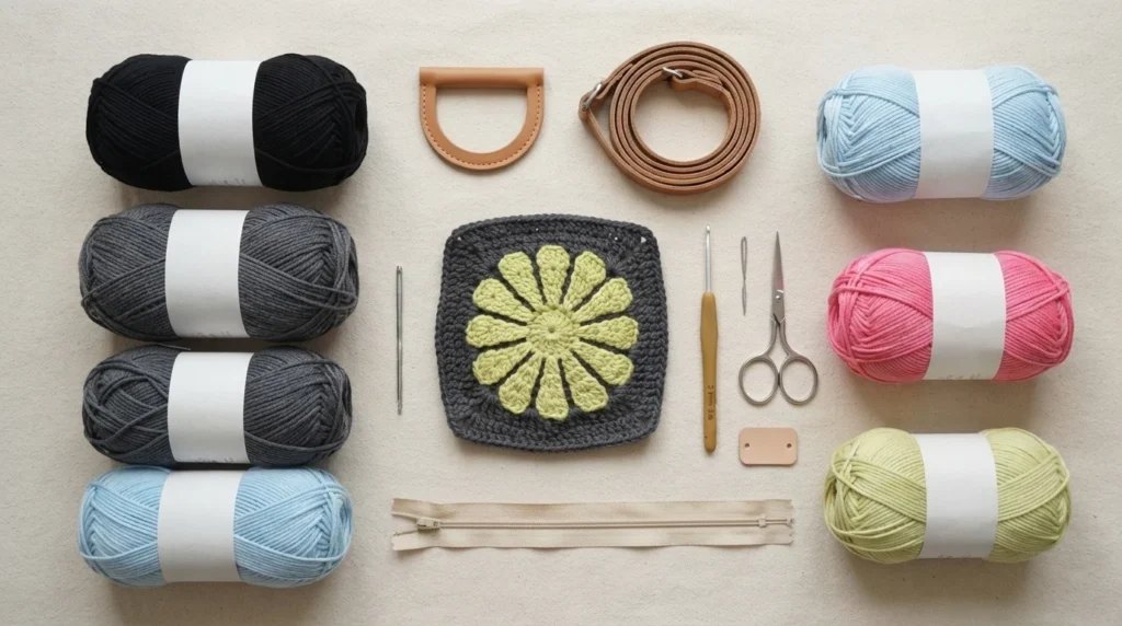Flat lay of yarn balls in black, grey, light blue, pink and lime, a daisy-motif granny square, crochet hook, yarn needle, scissors, zipper, tan leather strap and handle, and a small leather label on a beige background.