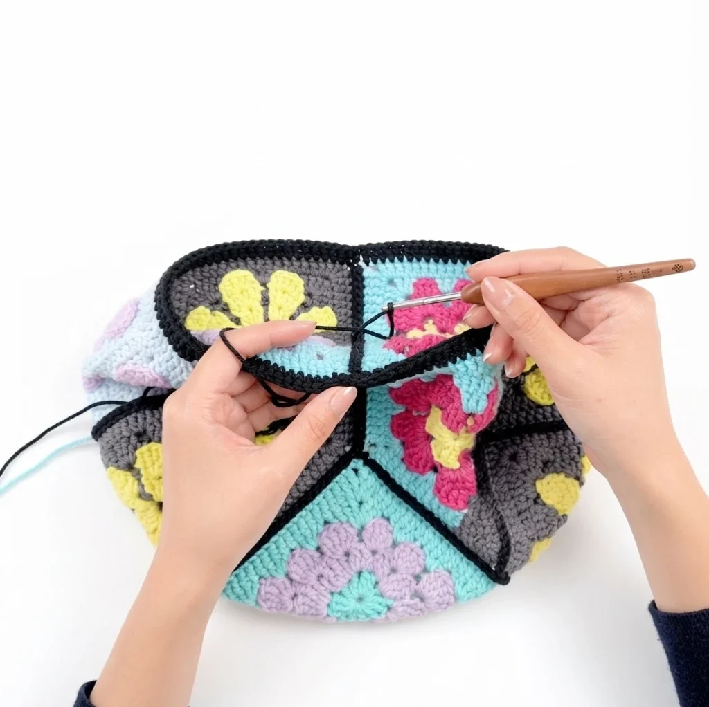Hands using a crochet hook to work a black edge around the opening of a colorful floral granny square bag.