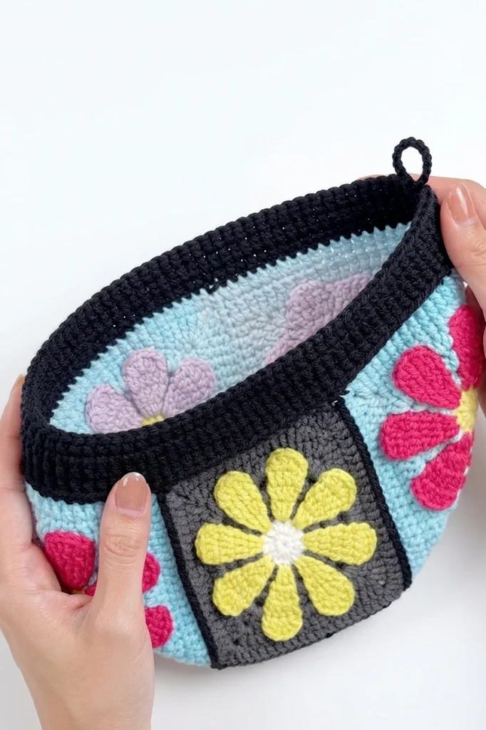 Hands holding the finished crochet granny square crossbody bag, showing the black crocheted opening worked along the top edge