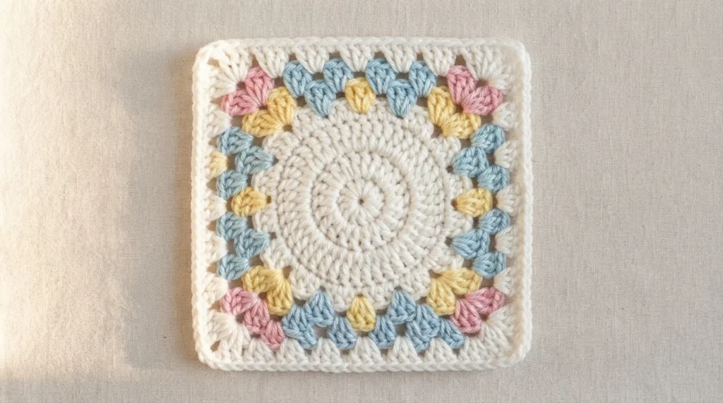 Pastel crochet granny square with a cream circular center ringed by light blue, pink and yellow stitches and a cream border, lying flat on beige linen.