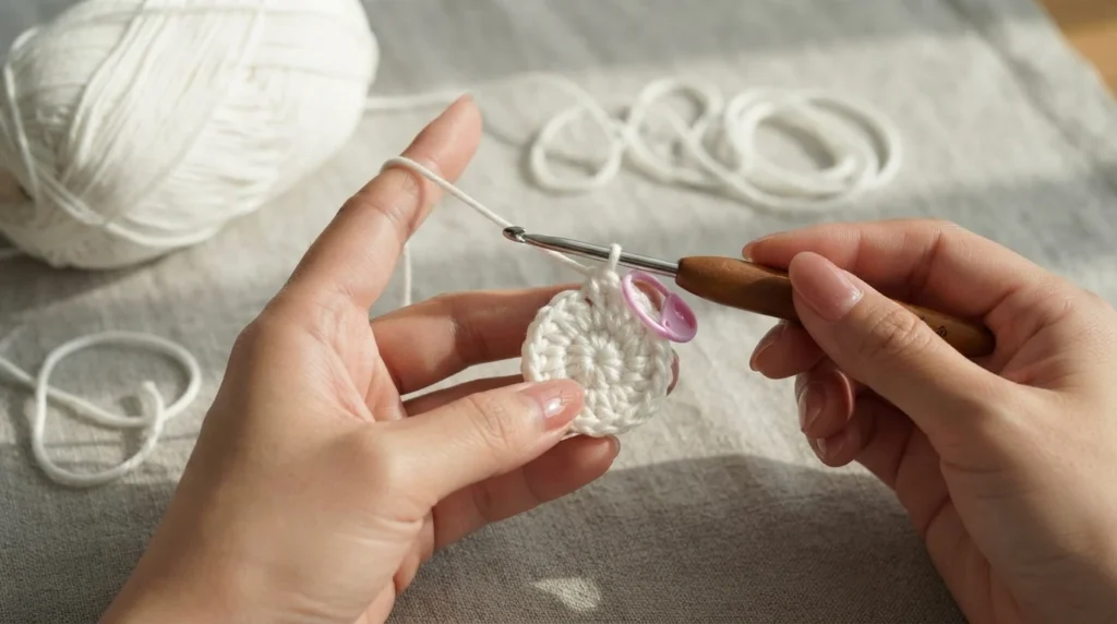 Hands holding a small white crocheted circle with a wooden crochet hook and pink stitch marker, white yarn ball on a linen surface