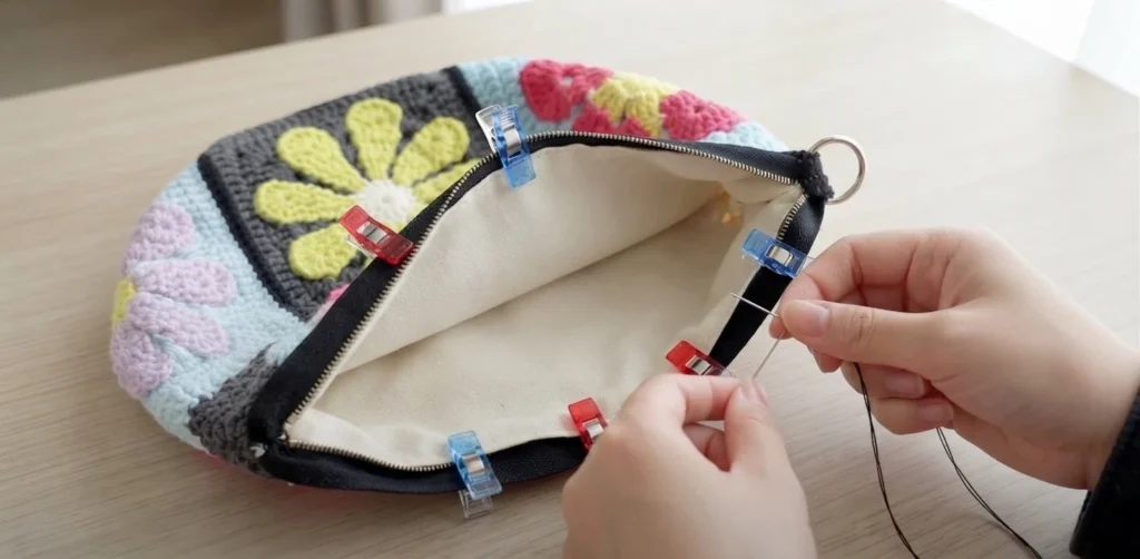 Open crochet granny square bag with cream fabric lining held by red and blue sewing clips while hands sew along the zipper edge
