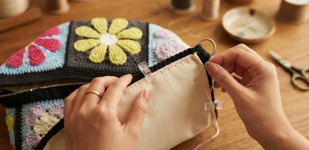 Hands stitching a cream fabric lining into a crochet granny square crossbody bag, held with clips