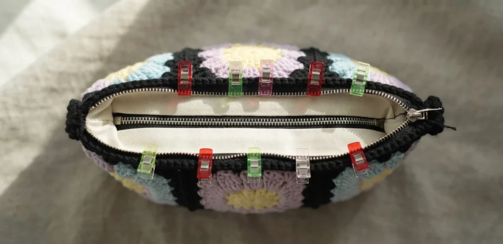 Top-down view of a granny square crochet bag with its zipper open, a white fabric lining held in place by colorful sewing clips