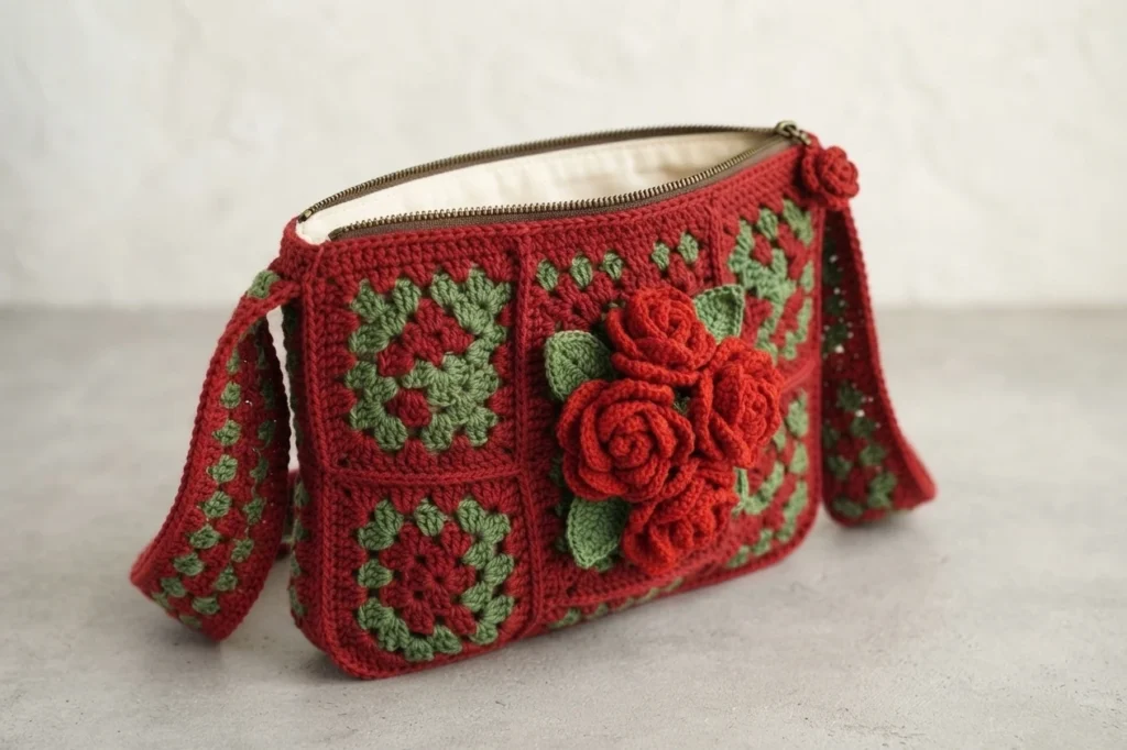 Crocheted red crossbody bag with granny square panels and three-dimensional red rose appliques with green leaves