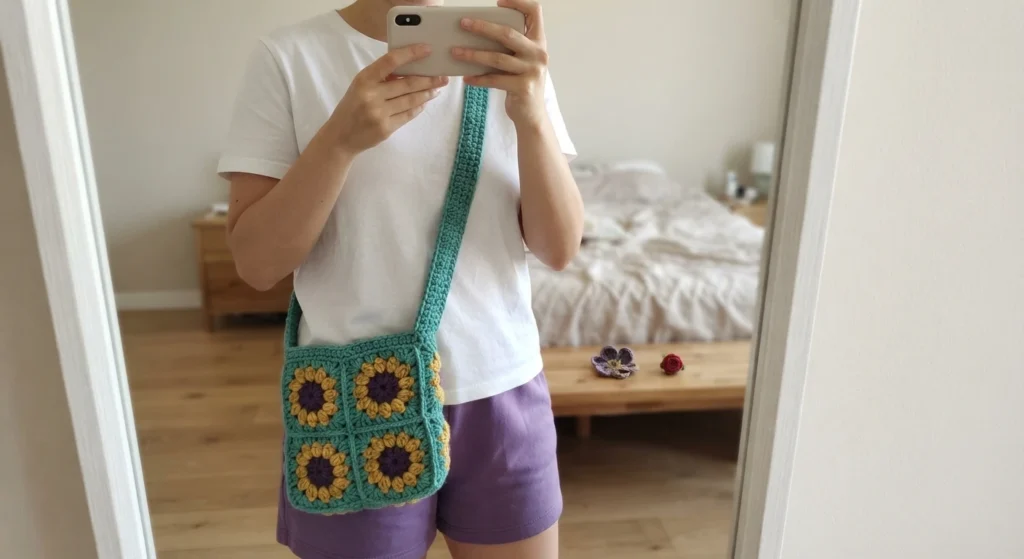 A person taking a mirror selfie while wearing a teal crochet granny square crossbody bag with yellow and purple sunflower-like motifs