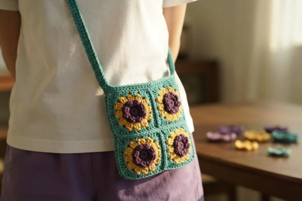 Person wearing a teal crochet granny square crossbody bag with yellow and purple sunflower motifs.