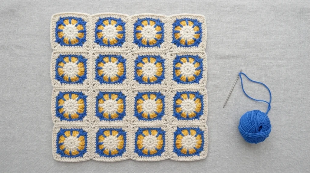 Sixteen joined crochet granny squares with white centers, golden yellow and blue rounds and cream borders laid flat beside a blue yarn ball and yarn needle