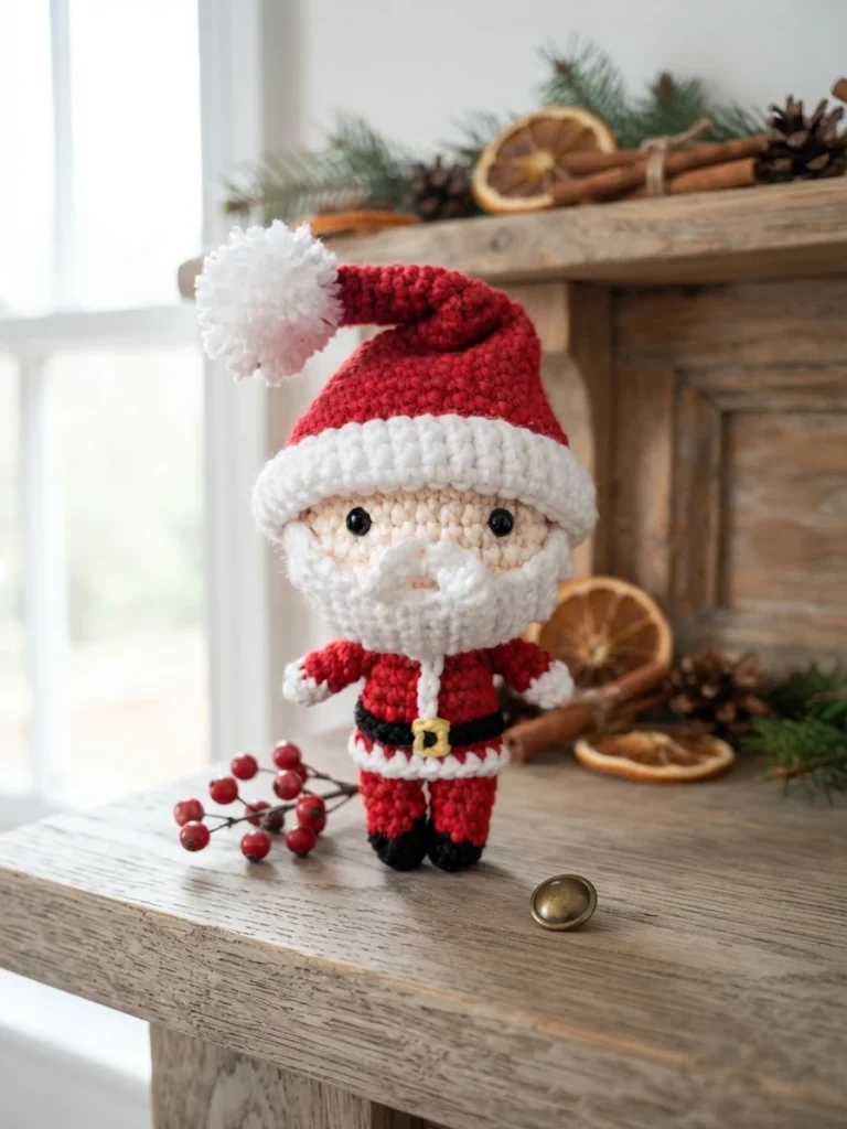 A small crocheted Santa doll with a red hat, white beard, red suit, black belt, and yellow buckle stands on a wooden table among festive decorations.