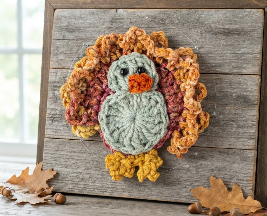 Crocheted turkey with a pale gray body, orange beak, yellow feet, and ruffled autumn-colored feathers, displayed against a wooden background.
