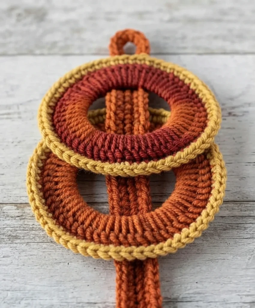 Two crocheted orange rings with mustard edging threaded onto a vertical orange strap, shown from an angle.