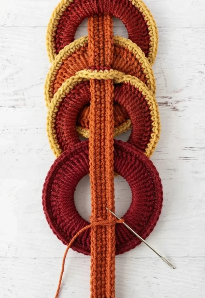 Close-up of a crochet strap running through stacked burgundy and orange rings, with a needle securing it.