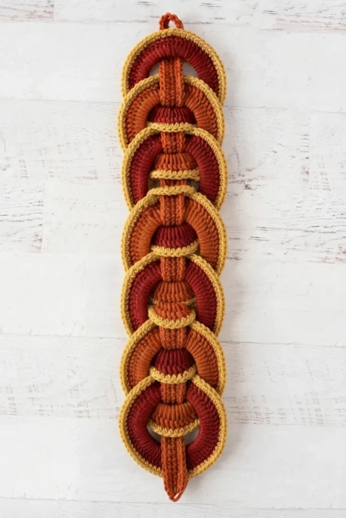 A crochet strap woven through overlapping orange and burgundy rings edged in mustard, with a hanging loop, on a whitewashed wood surface.