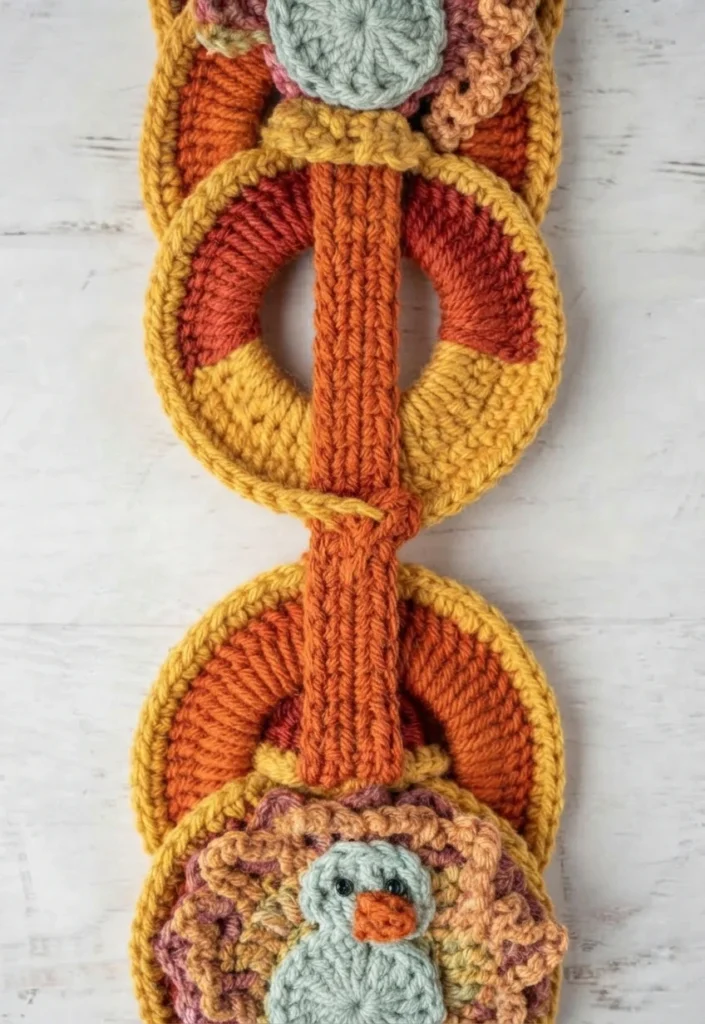 Suspension au crochet composée d’anneaux bordés de jaune, ornés de dindes, avec une boucle en haut et un pompon orange en bas.