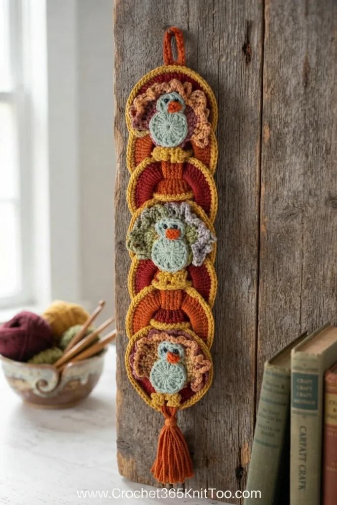 A vertical crochet turkey wallhanging with three colorful turkey motifs and an orange tassel, displayed on a wooden post beside yarn and books.