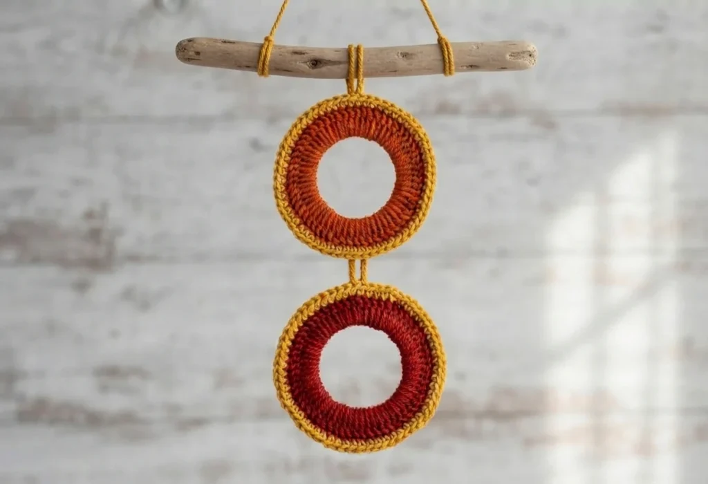 Deux anneaux crochetés, l’un orange et l’autre rouge, suspendus à une branche en bois.