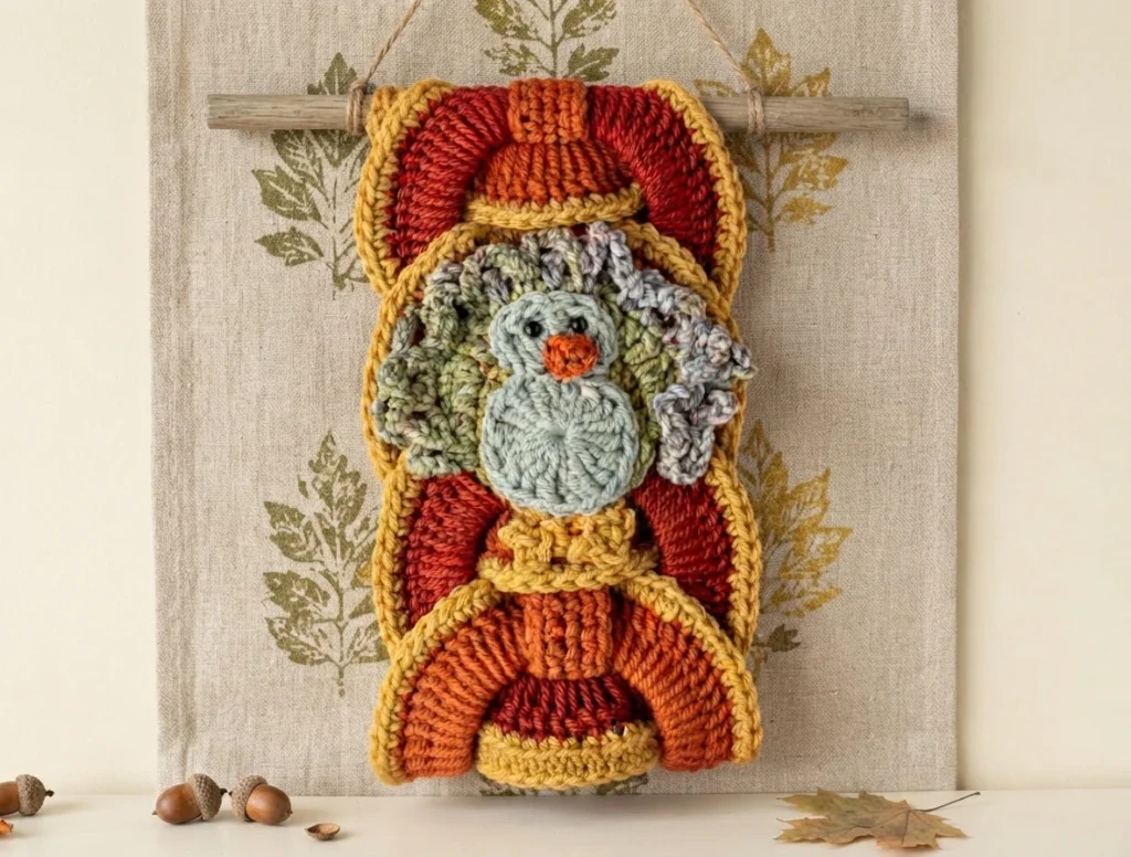 Décoration murale au crochet avec une dinde grise et verte, entourée de sections orange et rouges, suspendue à une baguette en bois.
