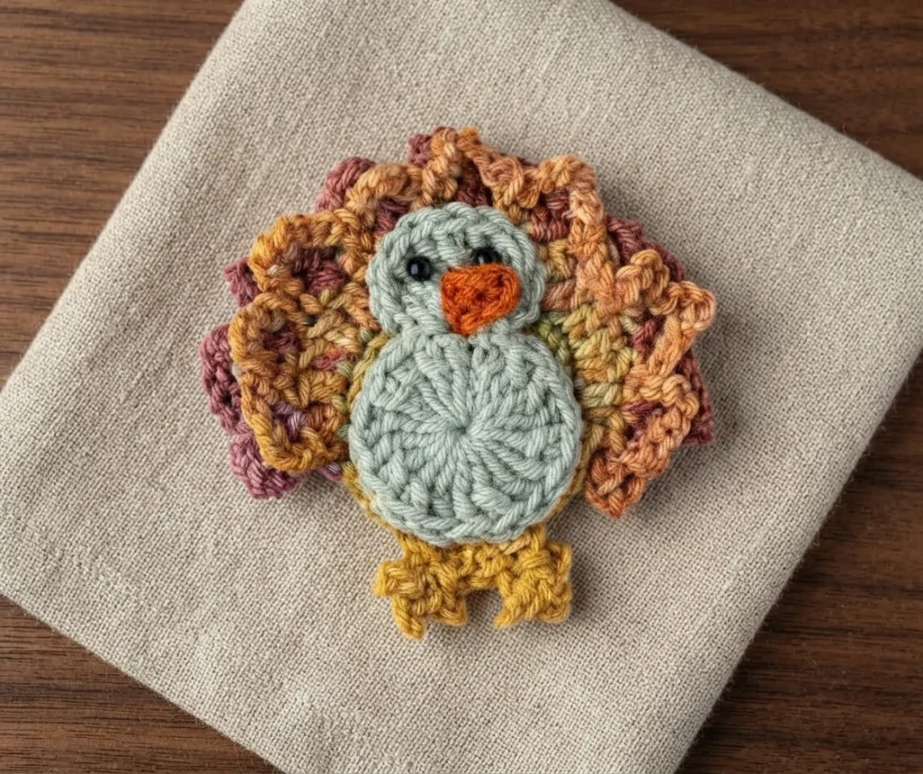 Crocheted turkey applique with a pale blue body, orange beak, yellow feet, and multicolored ruffled feathers, resting on beige fabric.