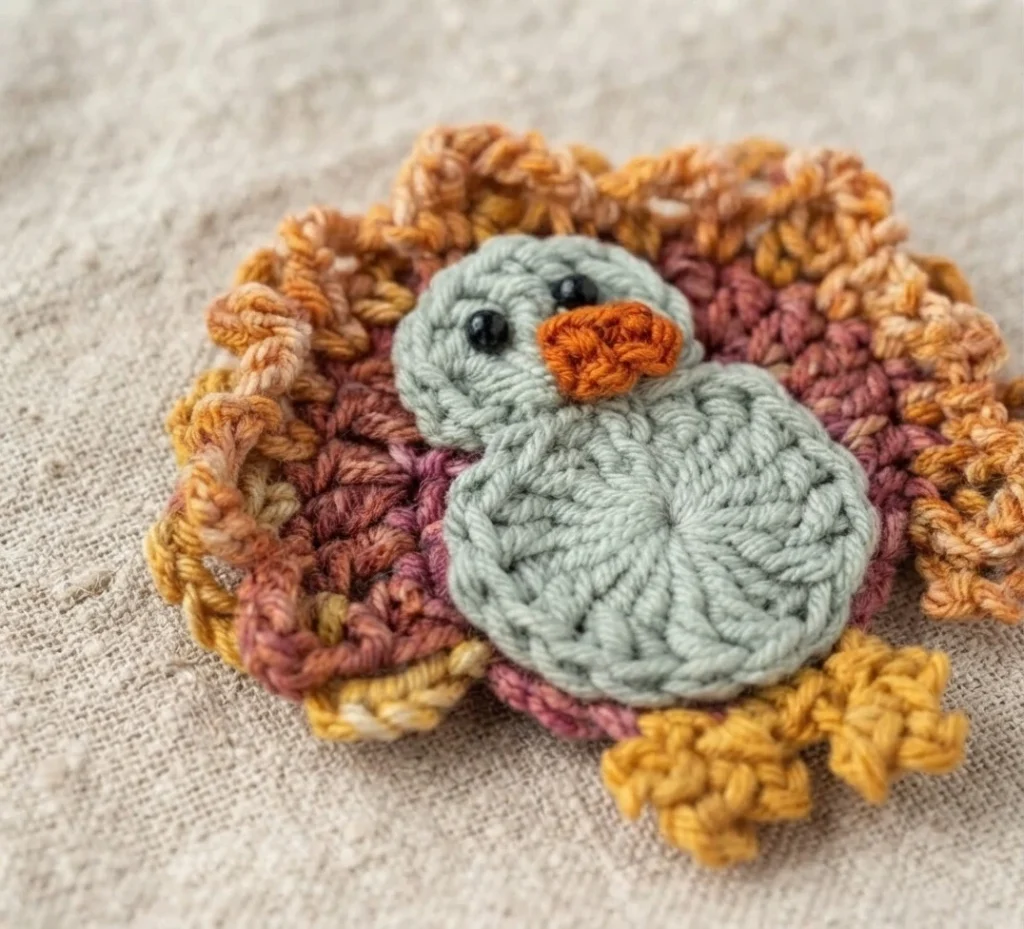 Crocheted turkey appliqué with a gray body, orange beak, black eyes, golden feet and ruffled variegated feathers.