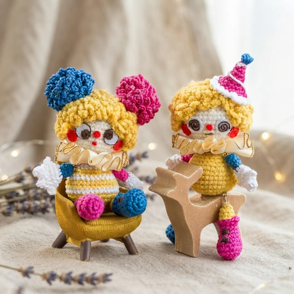 Two crocheted clown dolls in yellow and white yarn: one seated in a small mustard yellow chair with blue and pink pom poms on its head, the other wearing a pink and white party hat and standing next to a carved wooden animal figure, set aga